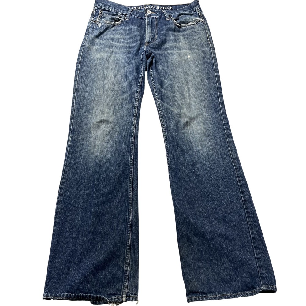 American Eagle Original Boot Jeans Mens 32x34 Blue Medium Wash Distressed Denim